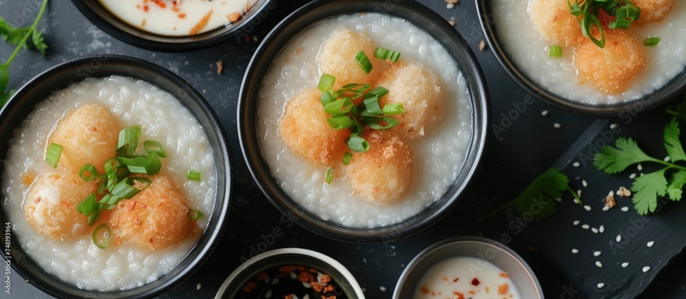 A black table is covered with bowls filled with various Thai dishes, including cups of congee and fried batter known as Patongo, all topped with rice. A black table is covered with bowls filled with various Thai dishes, including cups of congee and fried batter known as Patongo, all topped with rice.