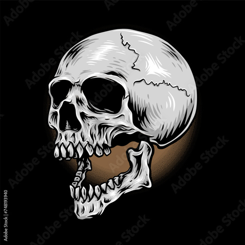 Vintage skull side view in monochrome design