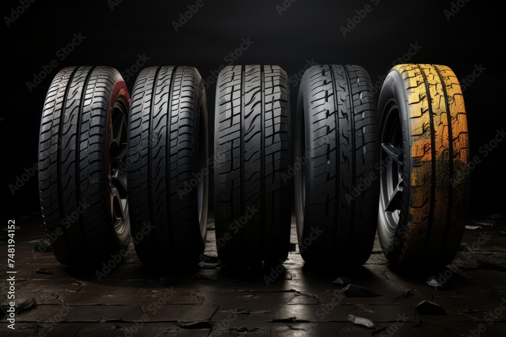 High quality car tires suitable for all weather conditions and different seasons on black background