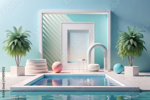 Mockup in outdoor area next to pool in soft colors, Generative AI © Fernando
