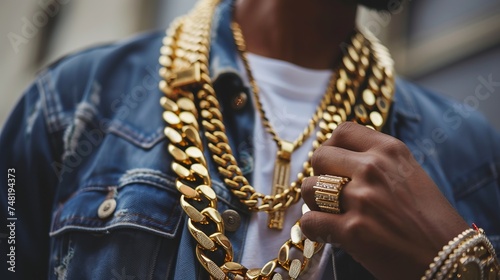 gold chains around his neck, a symbol of his wealth and success. He also sports gold bracelets, rings, and other accessories, further accentuating his extravagant lifestyle 