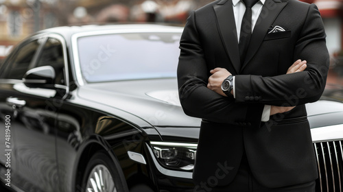 A business driver stands by an upscale car, exhibiting professionalism and readiness. Positioned near the vehicle, he awaits his boss, poised to provide transportation. photo