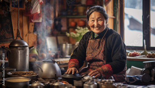 Small Nepalese village local woman portrait. She cooking traditional Dal bhat dish and cheerfully smiling. Local  Sherpa people, travel destinations and food preparing concept image. photo