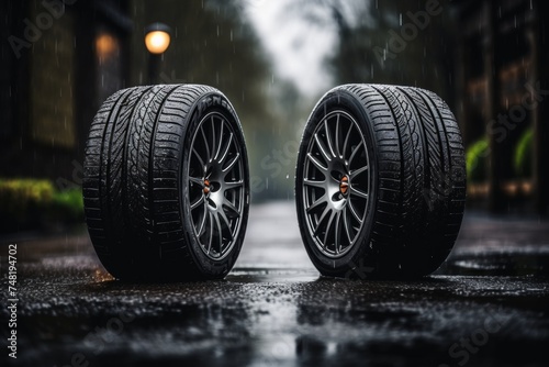 Wide car wheels with tires for various weather conditions, quality advertisement for all seasons © Iuliia