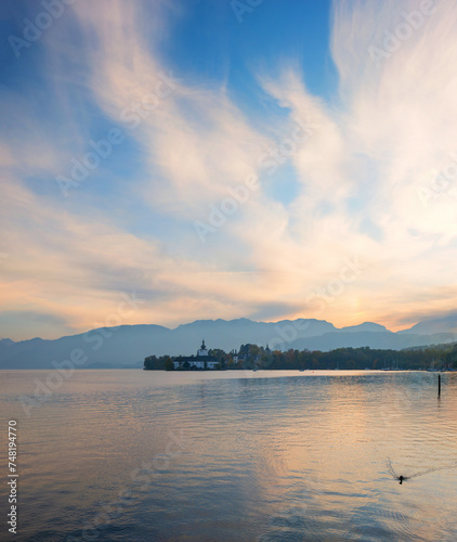 evening mood at lake Traunsee Salzkammergut, austrian landscape