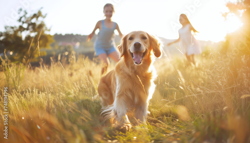 Cute golden retriever dog portrait in high grass with children kids running behind. Loyal dogs pet friendship, outdoor walking and just funny canine concept image. © Soloviova Liudmyla