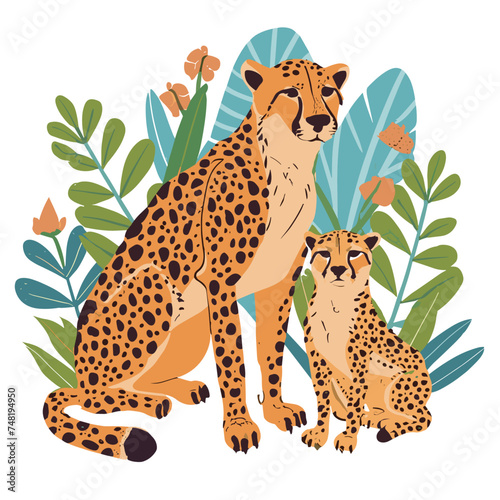 Vector flat illustration with cute leopards on a white background. Mother's Day greeting card