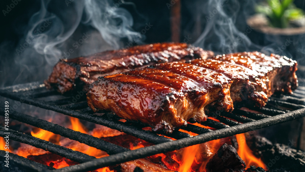 Meat ribs, barbecue grill, steak fried close-up.