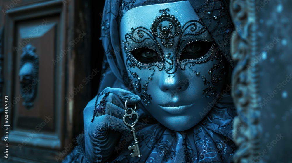 Fototapeta premium Unlocking the Mystery: Person Wearing Mask Holding Key to Hidden Door