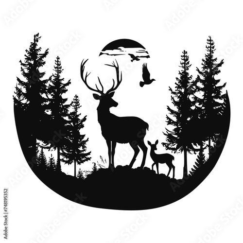 Deer in nature vector illustration, Deer Hunting Silhouette. Dear Hunting Vector Illustration, isolated on a white background.