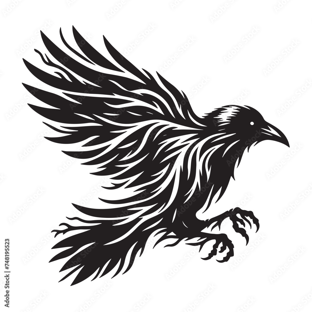 Obraz premium Elegant Crow Silhouette, Captivating Crow Poses, Charming Crow Silhouette- Black and White - illustration