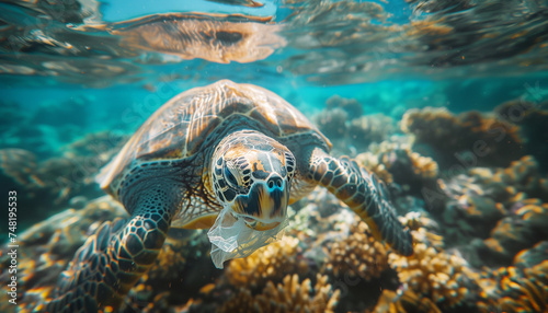 Lonely sea turtle swimming with plastic bag waste in warm tropical sea waters in coral reefs. Beauty in Nature, ocean pollution, Marine pollution,Plastic pollution and NO PLASTIC Ecology concept image