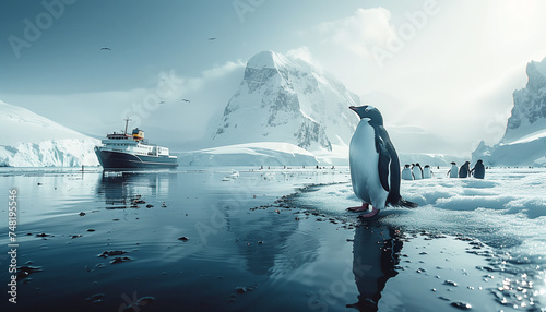 Penguins floating on small ice floe with Research vessel moving by polar sea waters during long polar day. Climate change, Global warming and flora and fauna researching in polar zones concept photo