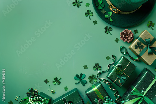 Saint Patrick Day green background with hat, shamrock clover and accessories with gifts top view. Festive greeting card. 