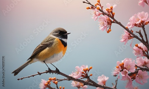 A realistic image of nature, bird in a flowers, conveying the natural beauty of spring, ideal for designers and elusrators, with copy space for text