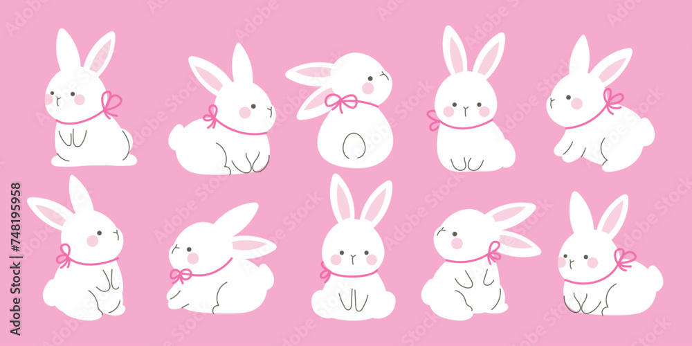 Set of cute easter rabbit vector. Happy Easter animal element with white bunny in different pose, pink ribbon. Rabbits character illustration design for clipart, sticker, decor, greeting card. Set of cute easter rabbit vector. Happy Easter animal element with white bunny in different pose, pink ribbon. Rabbits character illustration design for clipart, sticker, decor, greeting card.