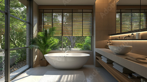 A bright and airy bathroom with free-standing bathtub  set against backdrop of wood accents on walls and lush greenery