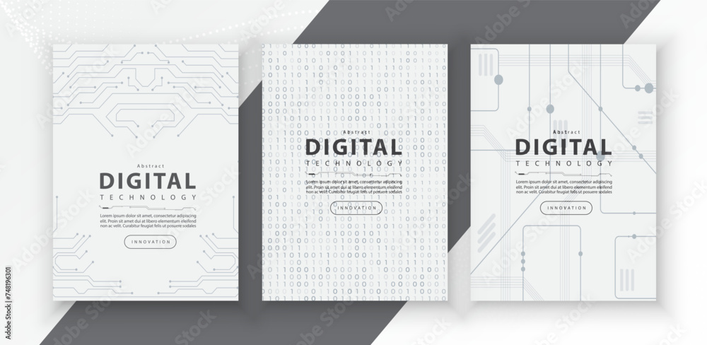 Poster brochure cover banner presentation layout template, technology digital futuristic internet network connection white background, abstract cyber future tech communication, Ai big data science 3d - obrazy, fototapety, plakaty 