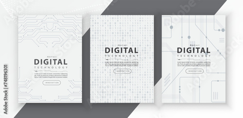 Poster brochure cover banner presentation layout template, technology digital futuristic internet network connection white background, abstract cyber future tech communication, Ai big data science 3d