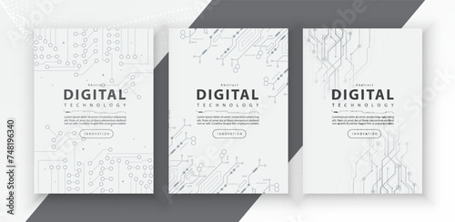 Poster brochure cover banner presentation layout template, technology digital futuristic internet network connection white background, abstract cyber future tech communication, Ai big data science 3d