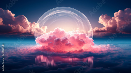 Celestial Pink Cloud Island with Reflective Water Orb created with Generative AI technology