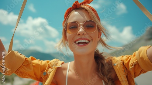 Close-up portrait of beautiful smiling young woman in sunglasses. generative ai art