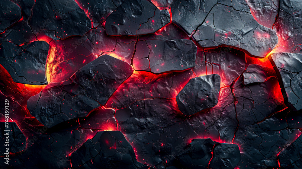 Volcanic Eruption Texture, Lava Cracks on Dark Surface created with Generative AI technology - obrazy, fototapety, plakaty 