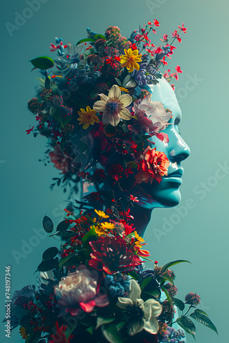 Blossoming Mind Concept, Floral Human Profile created with Generative AI technology