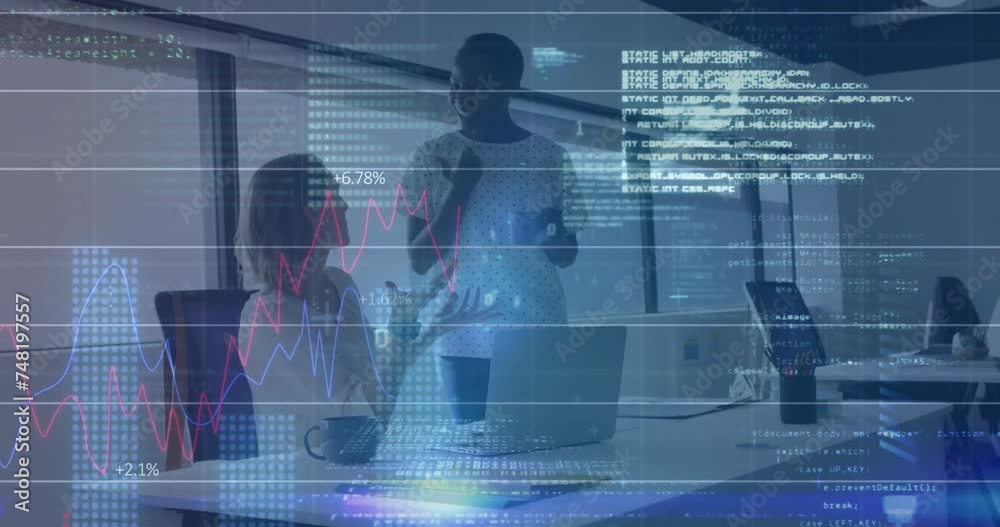 Animation of financial data processing over diverse colleagues discussing work in office Animation of financial data processing over diverse colleagues discussing work in office
