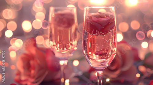 Two glasses of champagne and roses on bokeh background. Valentine's day