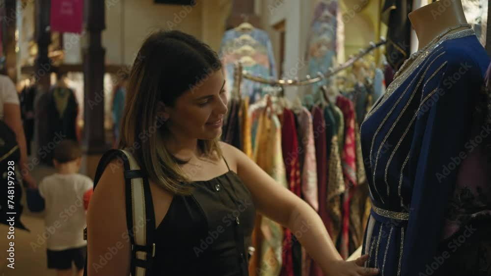 A young woman explores a traditional souk in dubai, admiring colorful garments and local textiles. A young woman explores a traditional souk in dubai, admiring colorful garments and local textiles.