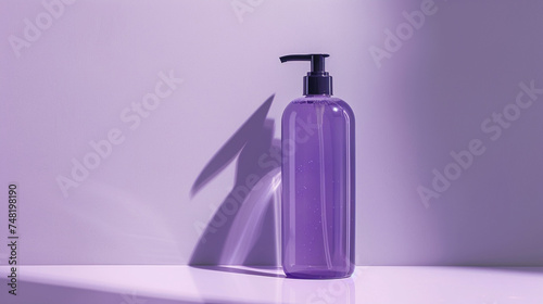 Glass bottle with liquid soap dispenser on purple background. 3D rendering