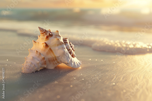 Fototapeta Naklejka Na Ścianę i Meble -  Beautiful sea shell on the sandy beach at sunset, closeup