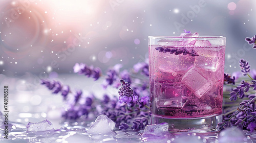 Lavender cocktail with ice and fresh lavender flowers on gray background