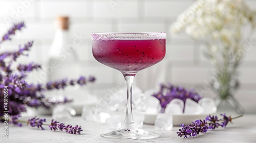 Lavender cocktail with ice and fresh lavender flowers on gray background