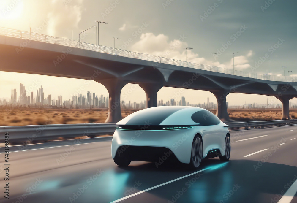 Automated self driving futuristic electric car driving on highway as wide banners with statistics of