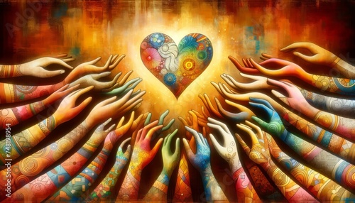 Digital painting depicting diverse hands reaching towards a heart symbolizing unity and diversity perfect for community and social themes