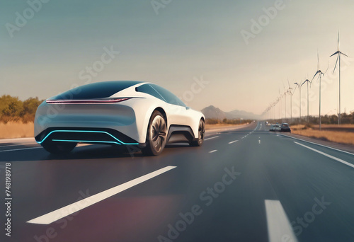 Automated self driving futuristic electric car driving on highway as wide banners with statistics of