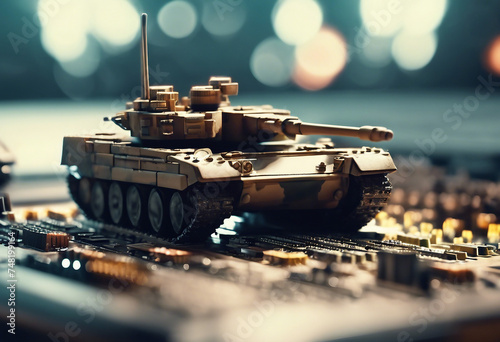 Closeup on a military tank on a powerful computer board for AI taking control over war concept or ra