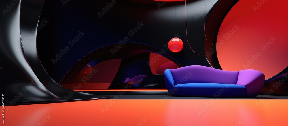 A blue and purple couch is prominently placed in a room with a abstract dynamic interior design. The colors of the couch stand out against the black and colored gradient smooth objects in the room. A blue and purple couch is prominently placed in a room with a abstract dynamic interior design. The colors of the couch stand out against the black and colored gradient smooth objects in the room.