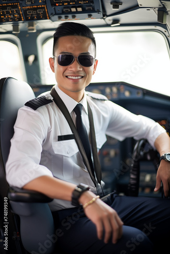 A cheerful male pilot with sunglasses sits confidently in the cockpit, showcasing professionalism and the joy of flying.  © RaptorWoman