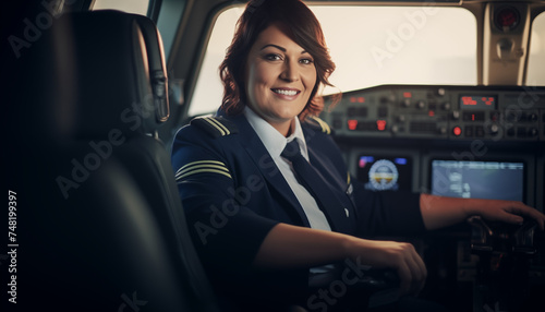 A professional woman pilot with a warm smile controls the cockpit of a commercial airplane, exemplifying expertise and leadership in aviation.
 photo