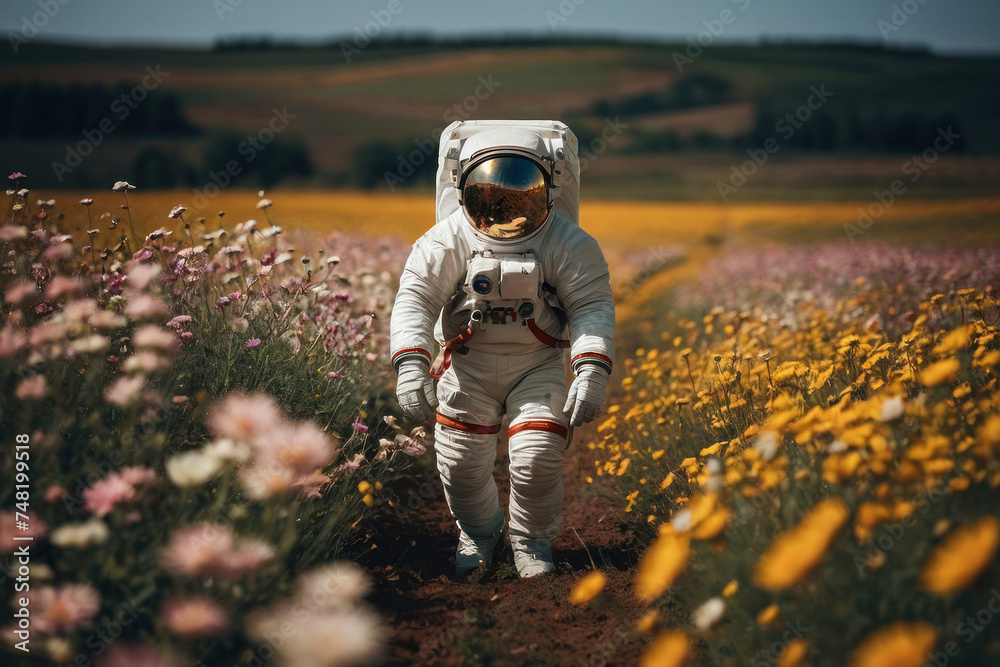 Fantastic image, a man in a white astronaut suit walks through a flower field with colorful buds. Fantastic image, a man in a white astronaut suit walks through a flower field with colorful buds.