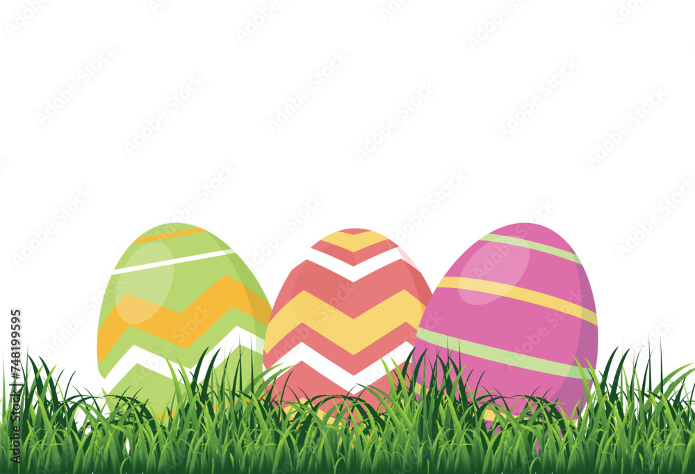 Easter eggs on green grass. Vector graphics