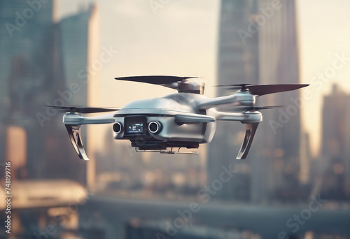 Generic futuristic manned roto passenger drone flying in the sky over modern city for future air tra photo