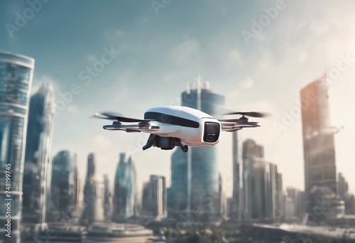 Generic futuristic manned roto passenger drone flying in the sky over modern city for future air tra