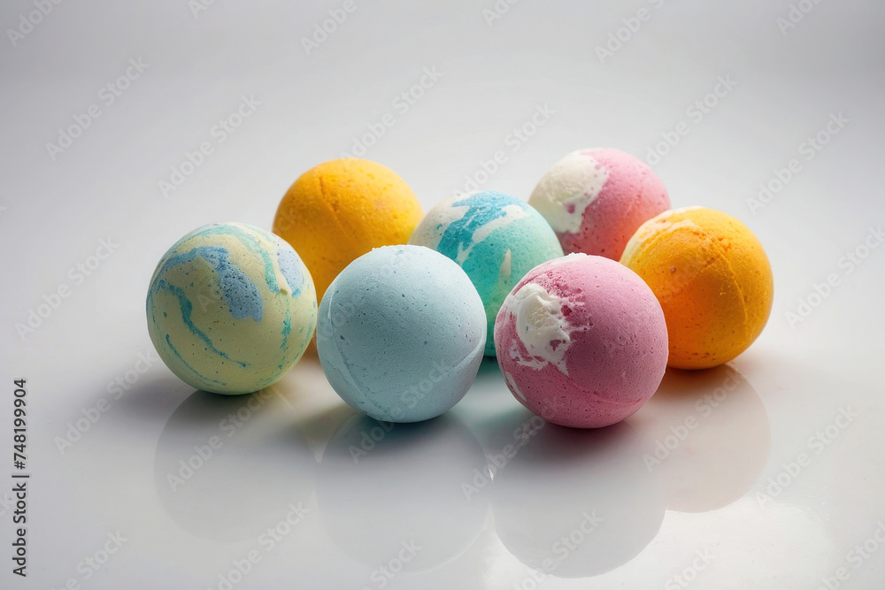A beautiful bright image, bright multi-colored pastel bath bombs lie on a white glossy surface. Self care, spa, handmade. A beautiful bright image, bright multi-colored pastel bath bombs lie on a white glossy surface. Self care, spa, handmade.
