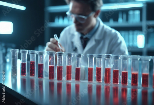 Scientist holding medical testing tubes or vials of medical pharmaceutical research with blood cells