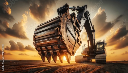 Dramatic photo of a large excavator against a sunset sky ideal for construction and industrial themes