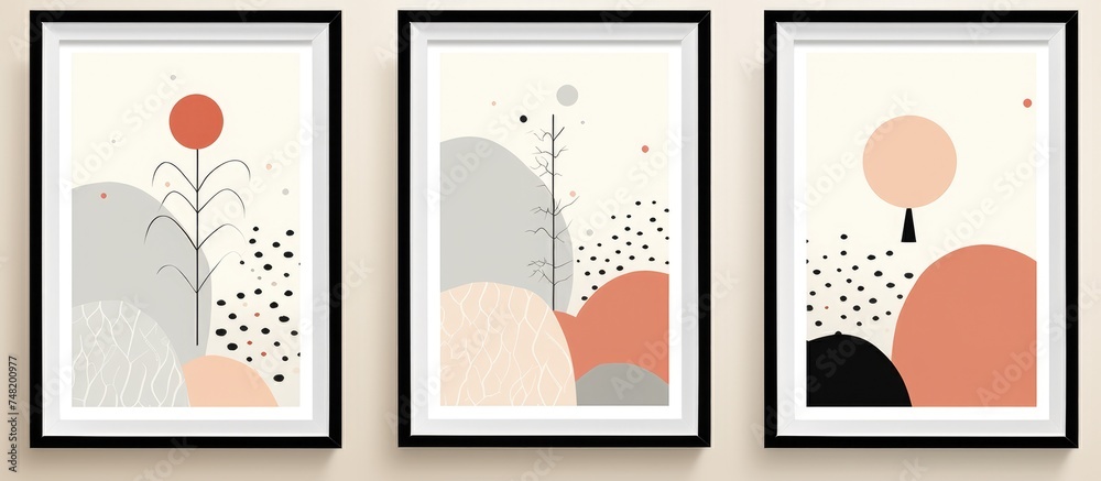 Three framed art pieces, featuring a Scandinavian abstract print set, hang on a wall. The prints are minimalistic and abstract, embodying the Scandinavian style.